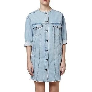 Topshop Blue Denim Long Sleeve Distressed Raw Hem Button Front Shirt Dress Sz 4